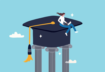 Curriculum, learning or education, student academic, study new knowledge or scholarship, learning lesson, certificate or graduated concept, smart woman learning with laptop on mortarboard pillars.