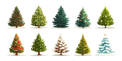  festive Christmas trees in various styles and colors on a white background