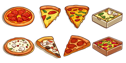 Collection of delicious pizza slices and whole pizzas in a top down isometric view