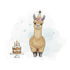 Cute Alpaca with Birthday Cake and Party Hat, Watercolor Llama Illustration for Greeting Cards, Posters, and Kids’ Designs