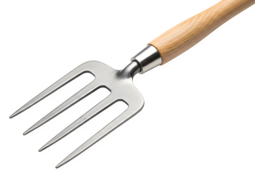 Gardening hand fork with wooden handle isolated on transparent background