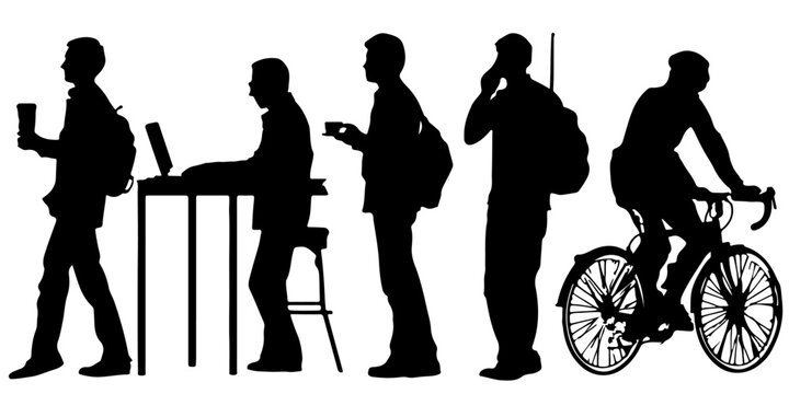 Silhouettes of a modern person s daily activities including work study and commuting by bicycle