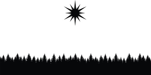 A dark star shines over a forest, its light piercing through trees, a simple yet striking silhouette