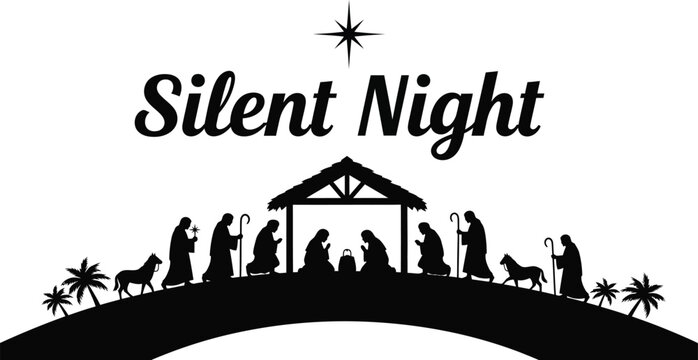 Silent night christmas scene with nativity silhouette holy family is depicted in a manger with animals