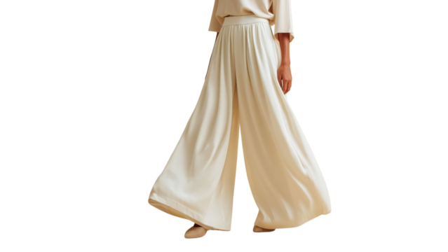 PNG of Elegant woman in light cream palazzo pants, epitomizing modern fashion and comfort.