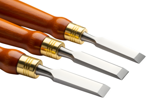 Three chisels with wooden handles isolated on transparent background