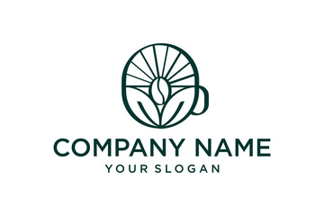 Modern Coffee Shop Logo Design with Coffee Bean, Green Leaves, Sunrise Motif, and Cup Outline