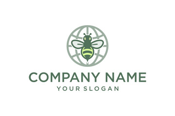Global Bee Logo Design with Earth Icon - Green Flat Style Symbol for Environmental or Honey Business Branding