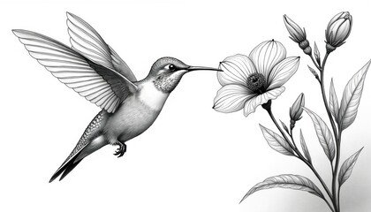 Obraz premium Black and white illustration of a hummingbird near flowers. The bird flies towards the flower. Botanical artwork features natural elements. Ideal for print or web.