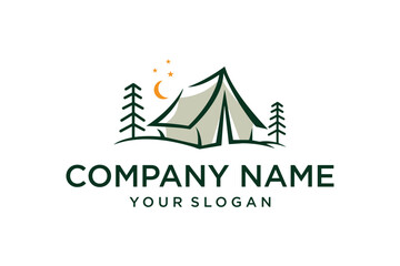 Minimalist Camping Tent and Pine Trees Logo Design with Moon and Stars for Outdoor Adventure Company