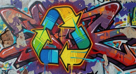 Obraz premium Graffiti Recycling Symbol on Textured Wall for Environmental Awareness Campaigns, Eco-Friendly Education, Sustainable Lifestyle Blogs, and Urban Art Websites