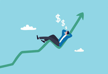 Success investment earn more profit or easy growing return mutual fund, make money from cryptocurrency trading or dream about being rich concept, businessman investor relax and sleep on growing graph.