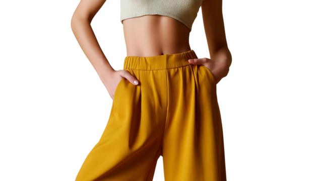PNG of A young Caucasian woman poses confidently in stylish high-waisted mustard pants and a fitted crop top, showcasing a modern look.