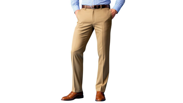 PNG of Smartly dressed man in light khaki pants and a blue checkered shirt, exuding professionalism and style.