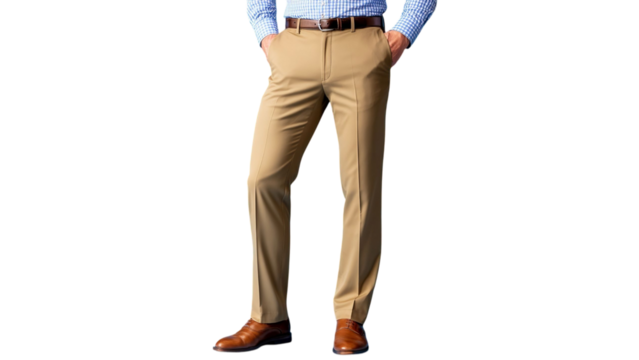 PNG of Smartly dressed man in light khaki pants and a blue checkered shirt, exuding professionalism and style.