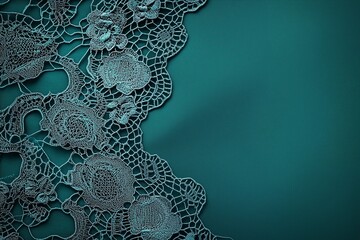 Elegant teal lace fabric with intricate floral pattern on turquoise background with copy space. Transformative teal color.