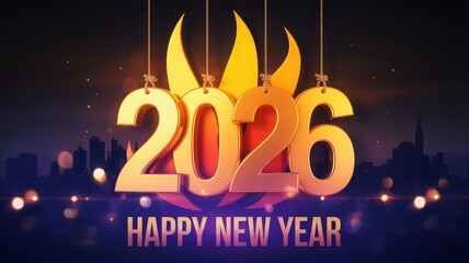 Golden 2026 numbers hanging above a cityscape silhouette with bokeh lights and 'Happy New Year' text, celebrating the upcoming year.
