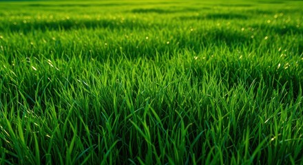 Obraz premium Vibrant emerald green meadow background texture captured outdoors in the springtime sunshine, perfect for overlays and design, lush, background, surface