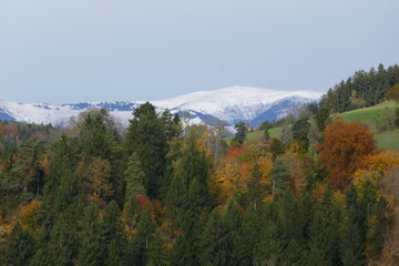 Autumn landscape with snowy mountains  . Herbstlandschaft mit Schneebergen .  Gleinalm im Schnee