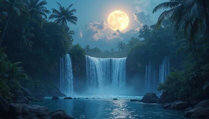 Tropical waterfall plunges into calm pool at night. Full moon glows above jungle with palm trees. Serene natural landscape with water, rocks. Exotic destination, wild beauty, peaceful environment,