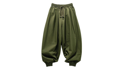 PNG of Stylish unisex olive green baggy pants with elastic cuffs and a drawstring waist for a comfortable fit.