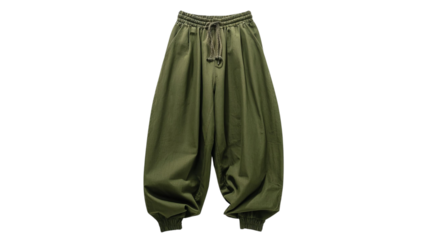 PNG of Stylish unisex olive green baggy pants with elastic cuffs and a drawstring waist for a comfortable fit.