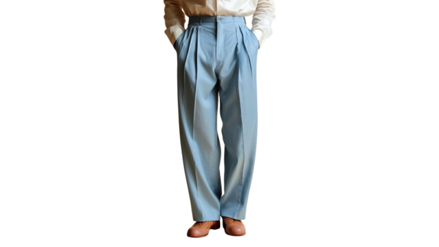 PNG of A male figure in light blue pleated trousers and brown shoes, exuding a classic style with hands in pockets.