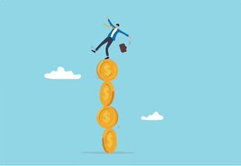 Financial instability, uncertainty or unstable investment market, risky situation or economic recession, crisis or bankruptcy concept, businessman investor falling from stack of unstable money coins.
