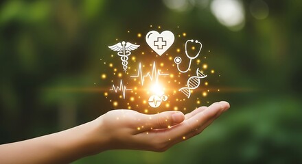 Hand holding glowing medical icons and dna helix, representing healthcare, science, and medical innovation in a natural setting