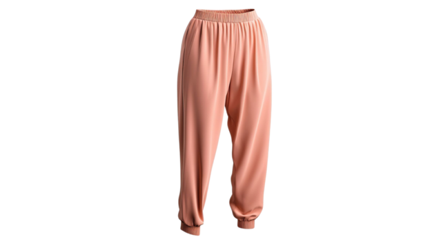 PNG of Stylish women's jogger pants in soft coral hue, featuring an elastic waistband and cuffed ankles for a relaxed fit.