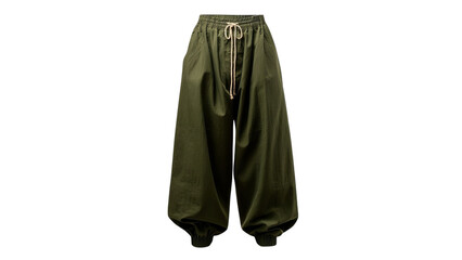 PNG of Stylish unisex olive green baggy pants with a comfortable fit and drawstring waist, perfect for casual wear.