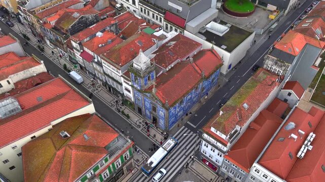 Chapel of souls, Capela das Almas de Santa Catarina Church, Aerial Shot of azulejos Tiles on the wall in Porto, Portugal