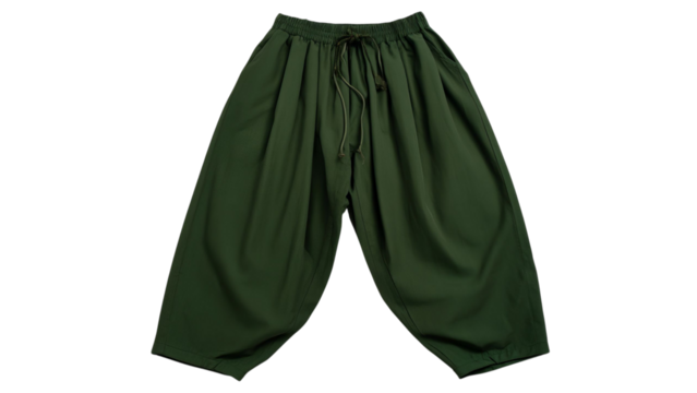 PNG of Stylish green unisex harem pants with a relaxed fit and drawstring waist, perfect for casual wear.