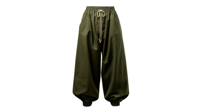 PNG of Stylish unisex olive green baggy pants with a comfortable fit and drawstring waist, perfect for casual wear.