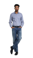 Naklejka premium Happy man wearing stylish jeans on white background