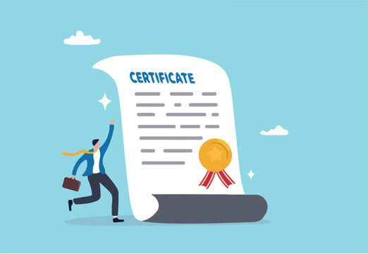 Certificate on taking course, award for excellent work or diploma document, license stamp or education certified guarantee concept, happy businessman with star certificate paper for work achievement. - Powered by Adobe