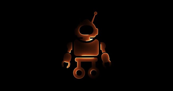 Illuminated red and orange robot icon with antennae on black background android automaton
