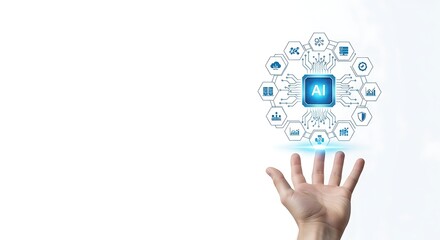 Hand holding a digital network of ai and technology icons, representing artificial intelligence and future innovation