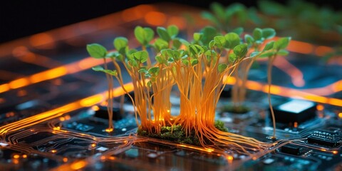 Photorealistic model of an electrical circuit which is penetrated by tiny plant roots with glowing data streams flowing around root hairs. Macro representation of a modern bio-tech concept.  
