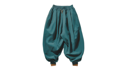 PNG of Stylish teal baggy pants with an elastic waist and drawstring, perfect for casual comfort and trendy looks.