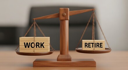 Balance scale weighing work against retire, symbolizing worklife balance and retirement planning