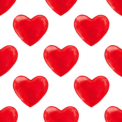 Red heart, watercolor seamless pattern on a white background. Hand-drawn illustration. Valentine's card.