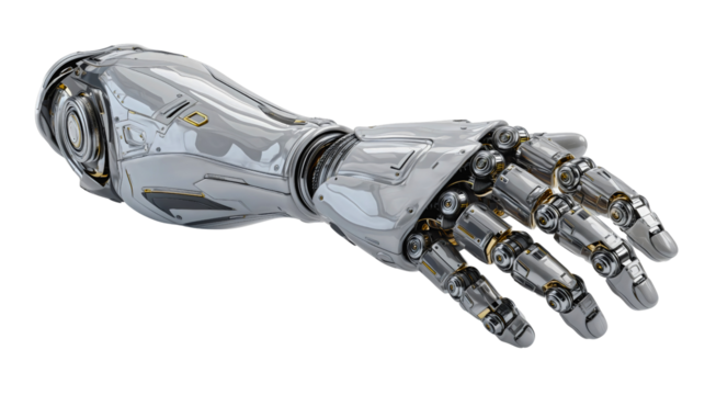 A detailed mechanical robotic arm in chrome, a complex and realistic bionic hand, a futuristic cyborg limb for sci-fi or technology, an advanced prosthetic isolated on a white background.