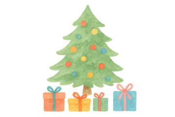 Christmas tree with watercolor texture and colorful gift boxes for festive holiday decoration, transparent background