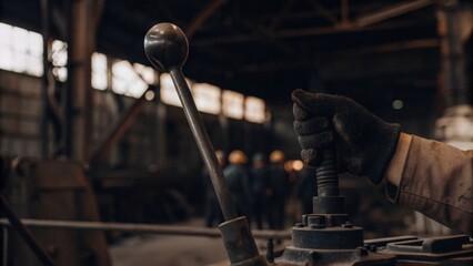 Heavy machinery control lever operation by gloved hand in industrial factory environment