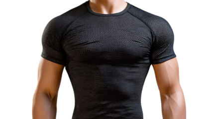 PNG of Athletic male model showcasing a fitted black performance shirt, perfect for sports and fitness enthusiasts.