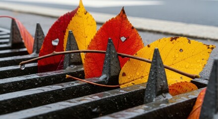 Fallen Autumn Leaves on Wet Grate Depicting Seasonal Change for Blogs, City Infrastructure Websites, Seasonal Transition Cards, and Educational Fall Awareness