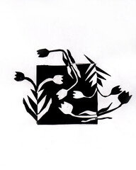 Abstract black drawing on white background. Black flowers drawn in square