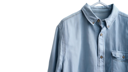 PNG of A light blue button-up shirt hanging on a hanger, showcasing its crisp fabric and stylish design.