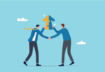 Joint venture business partnership agree to share resource and work together to achieve same goal, merge or acquisition, cooperation concept, businessman handshake connect growth arrow jigsaw puzzle. 
